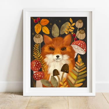 Autumn Fox Art Print/ 8 X 10 Woodland Animal Illustration/ Red Fox With Ferns and Mushrooms Wall Art/ Moody Forest Home Decor 