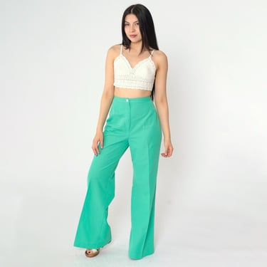 70s Green Wide Leg Trousers Straight Leg Flared Pants Super High Waist Polyester Hippie 1970s Bohemian Vintage Boho Small S 27 