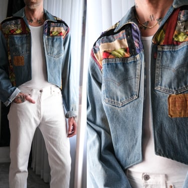 Vintage 70s LEVIS 501 Quilt Patched Handmade Distressed Denim Bolero | Made in USA | Bohemian, Grunge, Unisex | 1970s LEVIS Crop Jean Jacket 
