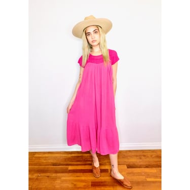 Indian Bila Crochet Dress // vintage 70s pink dress blouse boho hippie hippy 1970s cotton midi // O/S 