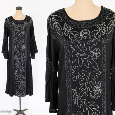 1920s Black Silk Party Dress | 20s Black Beaded Evening Dress | Large 