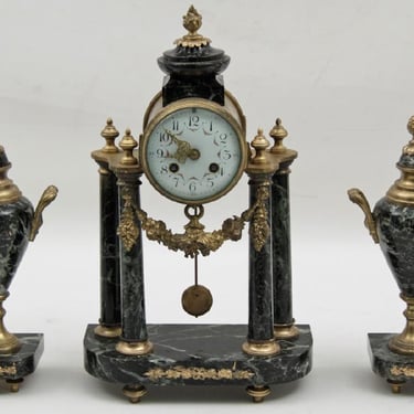Clock Set, French Bronze and Marble, 3 PC., 19th C., ( 1800s ) Gorgeous Antique