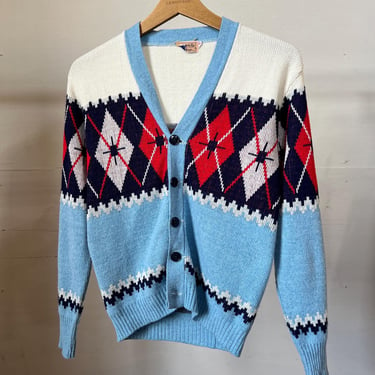 Small, Vintage 1950s Argyle Blue and Red Cardigan Sweater, Prep, Acrylic, S3 