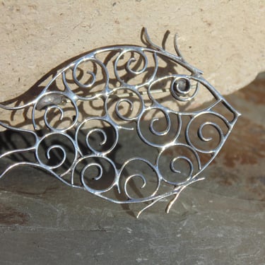 Taxco Sterling Silver Fish Pin / Brooch with Open Swirl Design Throughout Body 