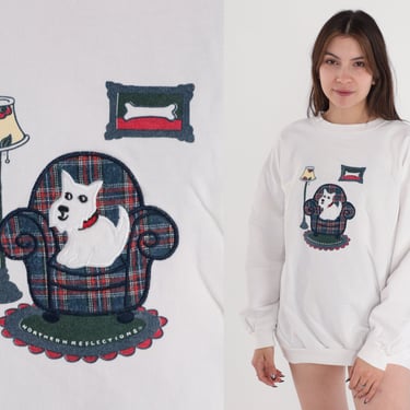 Westie Dog Sweatshirt 90s West Highland White Terrier Sweater Dog Breed Plaid Couch Graphic Shirt Cute White Vintage 1990s Extra Large xl 
