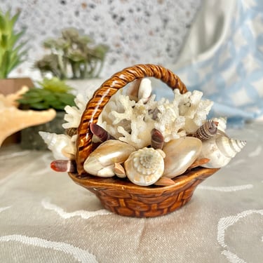 Natural Sea Shell Decor, Basket, Vintage Hawaii Souvenir, Ceramic Basket, Vintage Home Decor 