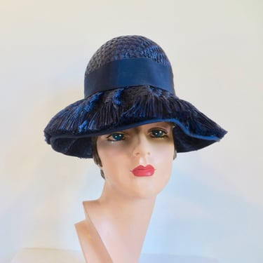 Vintage 1960's Navy Blue Raffia Straw High Crown Hat Fringe Brim Grosgrain Ribbon Trim Mod Style 60's Millinery Spring Summer Joseph Magnin 
