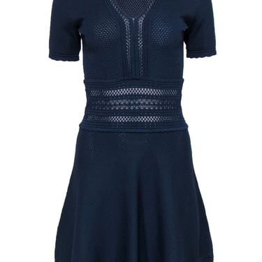 Sandro - Navy Textured Knit Short Sleeve A-Line Dress Sz 2