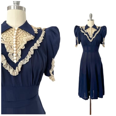 40s Navy Blue Lace & Rayon Crepe Dress / 1940s Vintage Day Dress / Medium / Size 6 