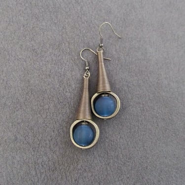 Mid century modern earrings navy blue frosted glass and bronze earrings 