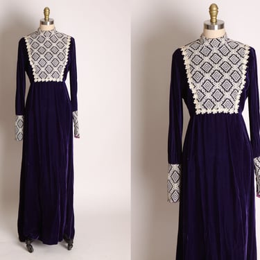 1960s Deep Purple Velvet Lace Bodice Detail Long Sleeve Full Length Cottagecore Prairie Dress by Brides World -M 