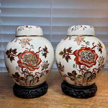 Pair of Mason’s “Golden Azalea” Ginger Jars with Lids 