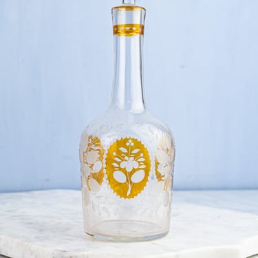 Antique Amber and Clear Glass Etched Bottle