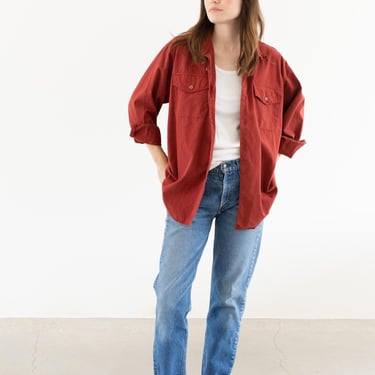 Vintage Overdye Tomato Red Button Up Shirt | Unisex Cotton Simple Blouse | XL | 