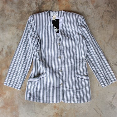 80s Deadstock Linen Blend Gray and White Pinstriped Collarless Blazer Size M 