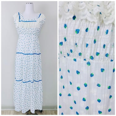 1970s Vintage Blue Strawberry Cotton Maxi Dress / 70s / Seventies Lace Trim Empire Waist Prairie Dress / Size Small - Medium 