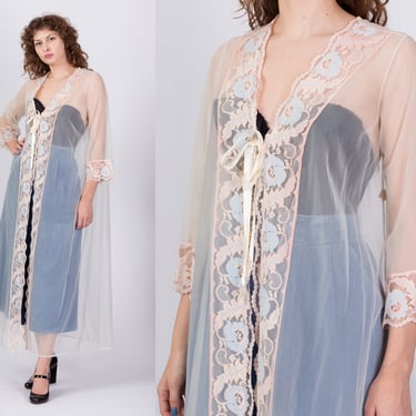60s 70s Sheer Bluebell Lace Peignoir - Medium | Vintage Floral Negligee Maxi Robe 