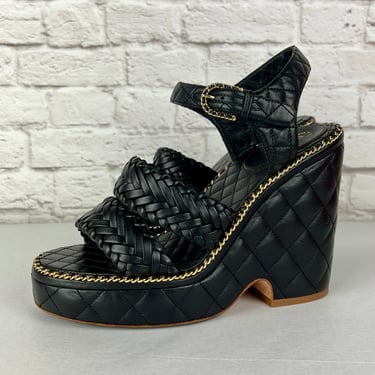 Chanel Quilted Leather Wedge Sandals, Size 37, Black