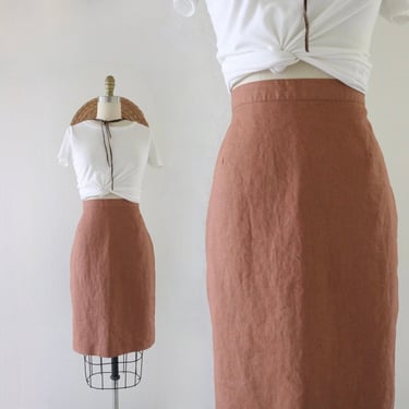 linen terra cotta skirt - 29.5-31 - vintage 90s y2k womens orange brown size 8 above knee minimal mini skirt 
