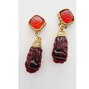 Vintage 80s Dangle Earrings Carved Red Glass Beads & Braided Gold 