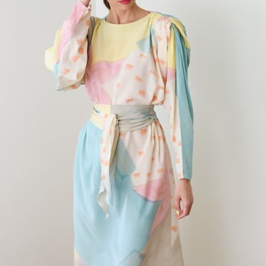 Vintage 1980s Hand Painted Silk Dress | L | Pastel Abstract Watercolor Dress with Belt 