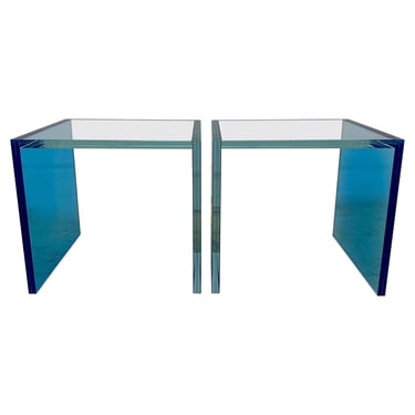 Santambrogio Milano Architectural Blue Glass Side Tables - 2022 - a Pair