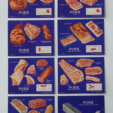 Original 1940's Pork Cuts Charts Set of 8 in Portfolio American Meat Institute Chicago