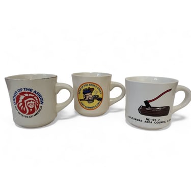 3 Vintage Boy Scouts of America Mugs, Order of the Arrow Native American, Wood Badge NE-VI-7 Baltimore, Broad Creek Summer Camp, Coffee Cups 