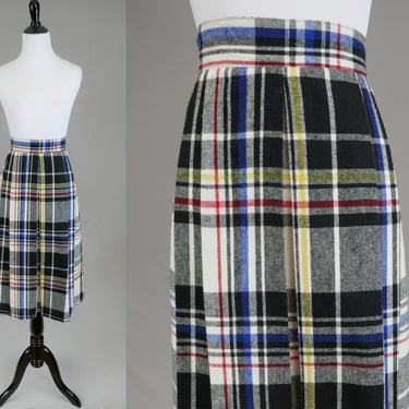 70s 80s Plaid Skirt - 30" waist - Some Pleats at Front - Black White Yellow Red Blue - Wool Blend - City Square - Vintage 1970s 1980s 