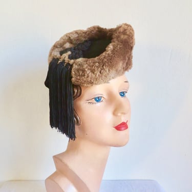 1940's Brown Fur Black and Suede Tilt Toque Hat Fringe Trim Back Head Holder WW2 Era 40's Millinery Hopper Furs Denver New York Creation 