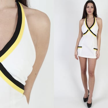Striped Halter Micro Mini Tennis Dress, Vintage 70s Sexy Mod Short Outfit 