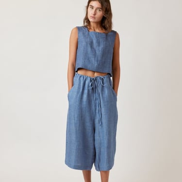 Amente Boxed Linen Crop Top - Denim Blue