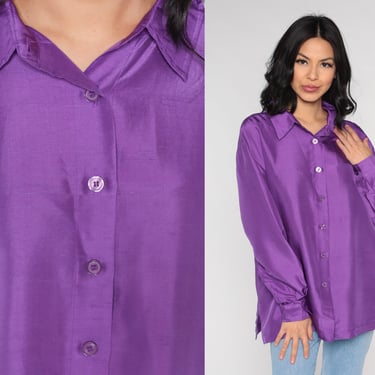 Purple Silk Blouse 90s Button Up Top Collar Formal Preppy Collared Shirt Plain Minimalist Long Sleeve Vintage 1990s Large L 