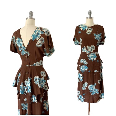 40s Brown Floral Rayon Crepe Dress / 1940s Vintage Print Day Dress / Medium / Size 6 - 8 