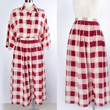 100% SILK Dress SET Blouse & Skirt Matching Red Maroon Ivory Check, Size 12, Vintage Saint-Tropez   1930's, 1940's Mid Century style vintage 