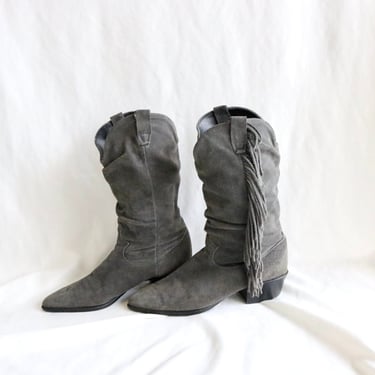 gray suede fringe boots 7.5 