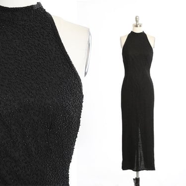 Vintage 90s black beaded silk maxi dress 