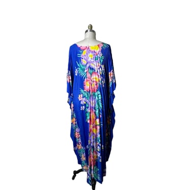 Vintage Royal Creations Hawaii Hawaiian One Size Blue Multicolor Tropical Pleated Aloha Gown Caftan Kaftan Kimono 