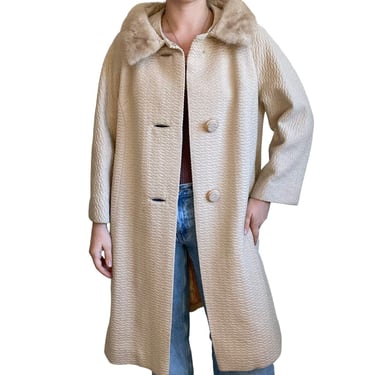 Vintage 1950s White Wool Genuine Fur Collar Long Retro Trench Coat Sz M 