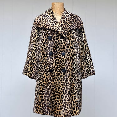 Vintage 1950s Leopard Print Fabric Swing Coat, Double-Breasted Retro Pin-up Style Topper, Rockabilly Outerwear, Small to Medium 