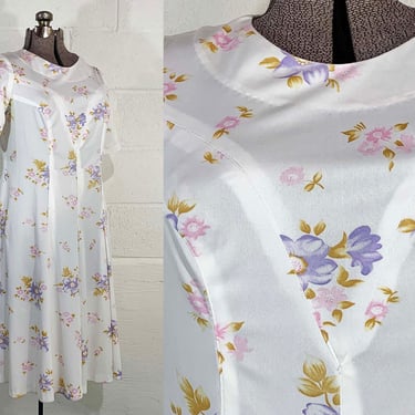 Vintage Pastel Floral Dress Shift Short Sleeve Spring Summer Wedding Garden Party Flowers 1960s Large 
