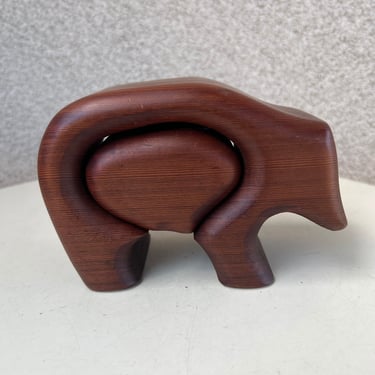 Vintage MCM trinket puzzle box bear native redwood wood 