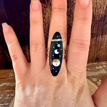 HAROLD SMITH Pueblo Night Sky Micro Inlay Ring | Native American Navajo Southwestern | Silver Turquoise Coral Mother of Pearl Jet | Size 6 