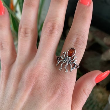 Octopus in Sterling and Amber Ring A