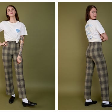 Vintage 1970s 70s High Waisted Grey Plaid Flared Pants Trousers 