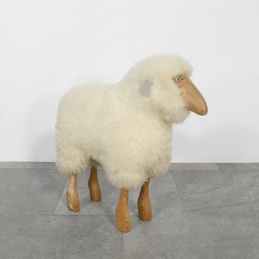 Vintage Hanns-Peter Krafft Meier Germany Fluffy Wool Wooden Sheep Sculpture Therapeutic Handmade Toy Plush Lamb Foot Stool Modernist Organic 