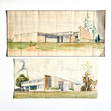 Pair of Early Modernist Architectural Renderings Sketches, 1940s Artist Signed 