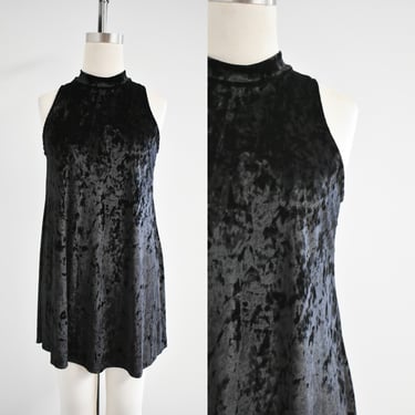 1990s Black Crushed Velvet Mini Dress 