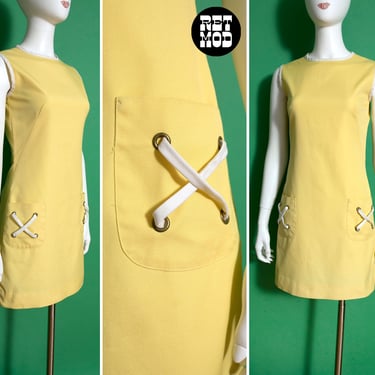 Chic Vintage 60s 70s Light Yellow Summer Sleeveless Dress with Pockets 