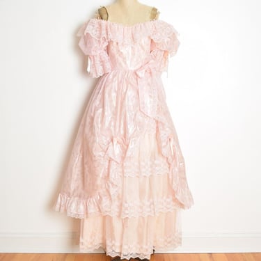 vintage 80s prom dress pink lace puffy bows tulle ball gown puff sleeves S clothing 